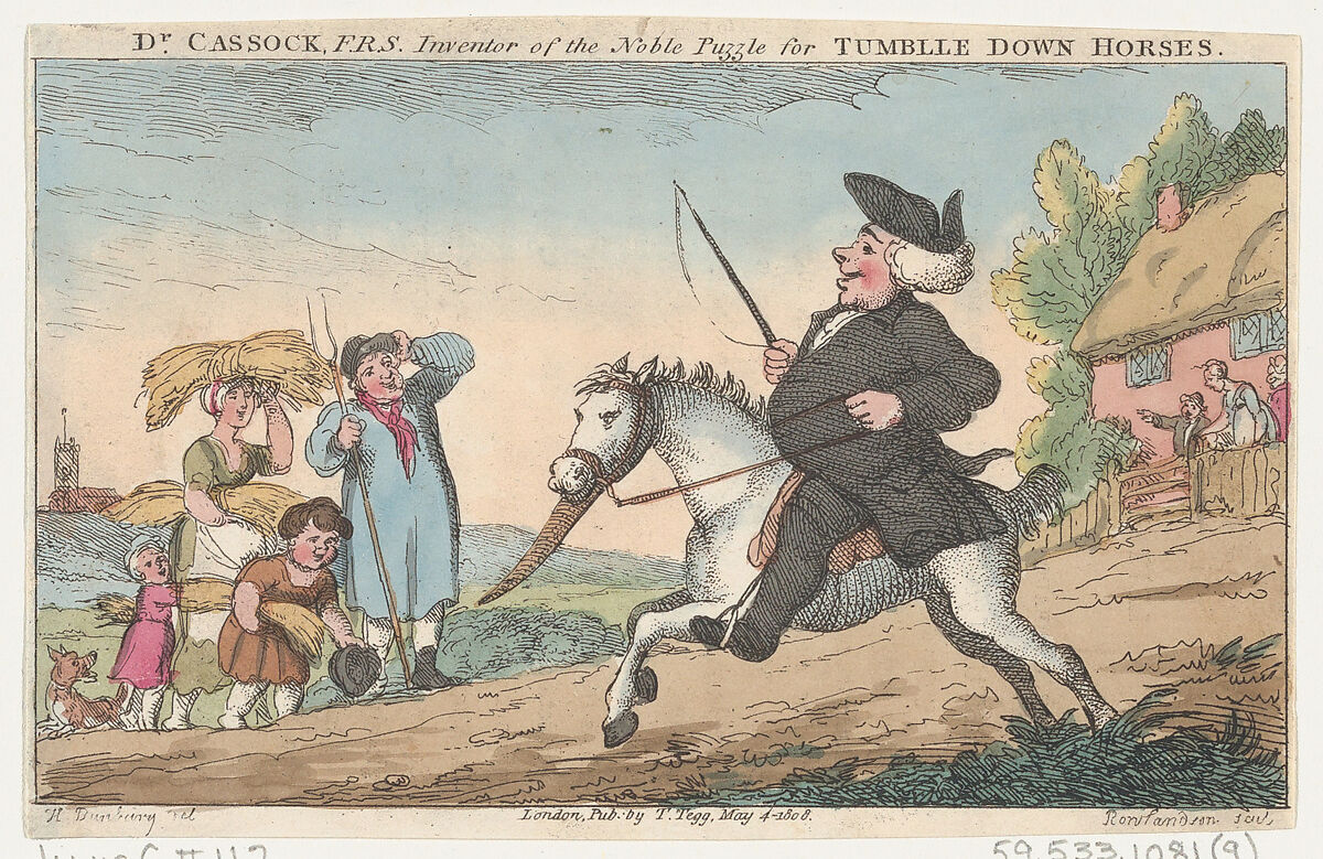 Dr. Cassock, F.R.S., Inventor of the Noble Puzzle for Tumble Down Horses, Thomas Rowlandson (British, London 1757–1827 London), Hand-colored etching 