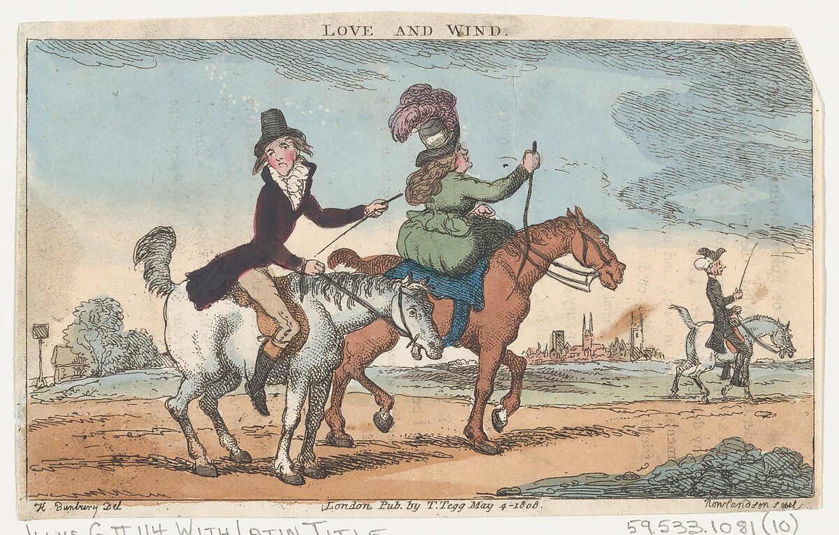 Love and Wind, Thomas Rowlandson (British, London 1757–1827 London), Hand-colored etching 