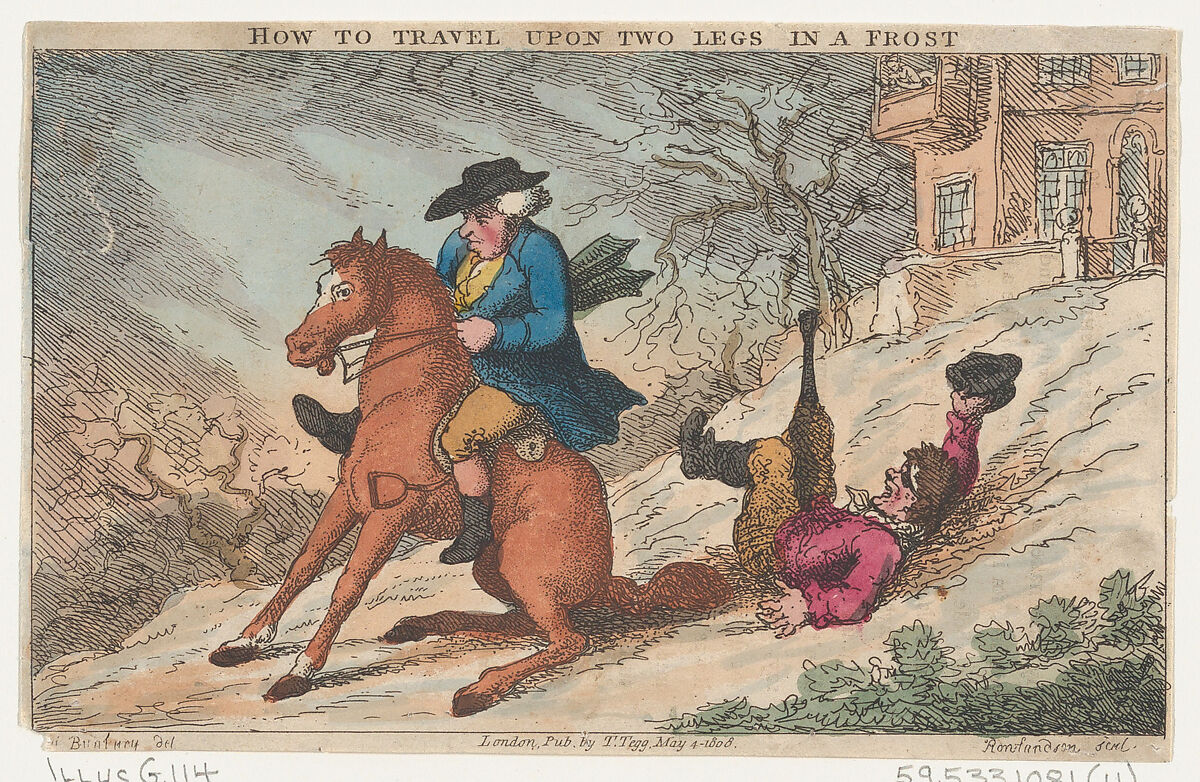 How to Travel Upon Two Legs in a Frost, Thomas Rowlandson (British, London 1757–1827 London), Hand-colored etching 