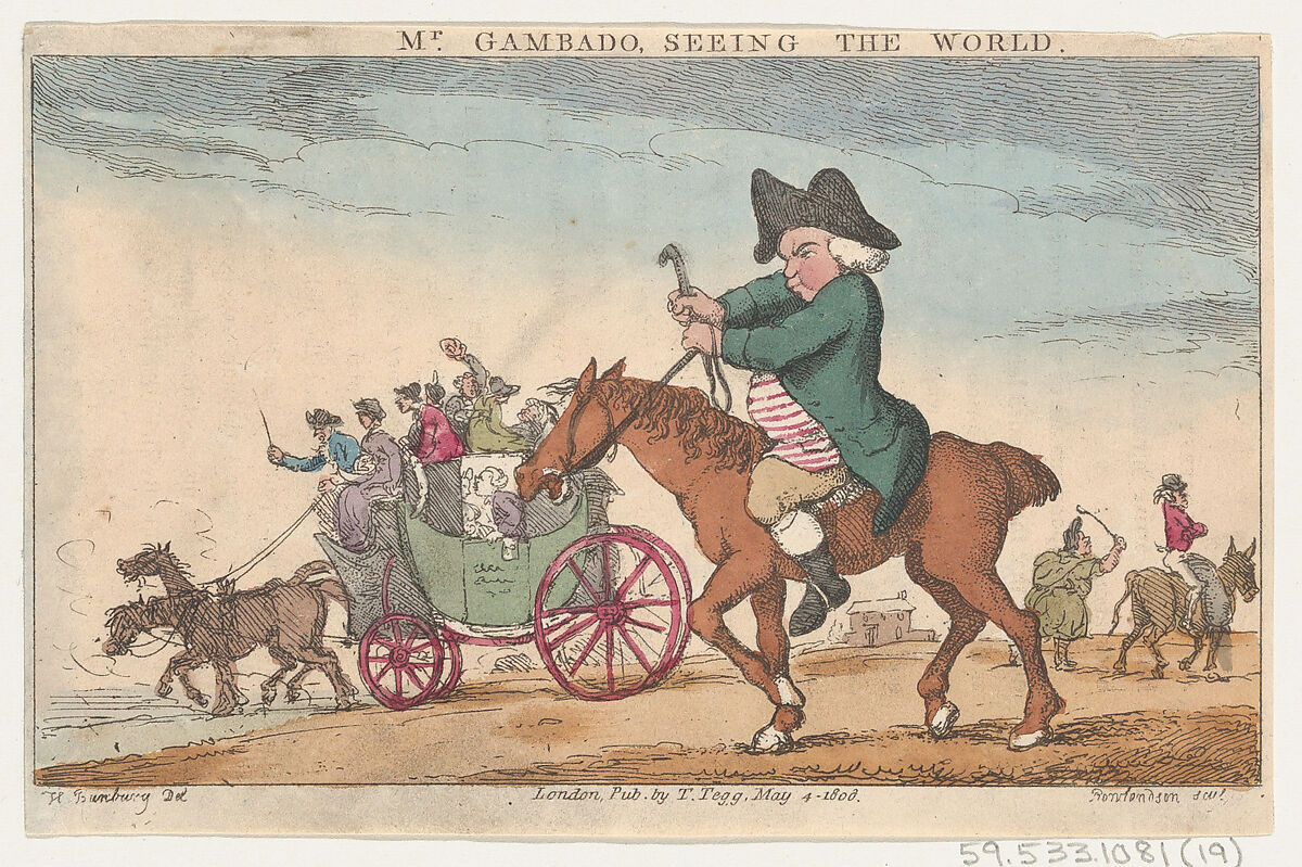 Mr. Gambado Seeing the World, Thomas Rowlandson (British, London 1757–1827 London), Hand-colored etching 