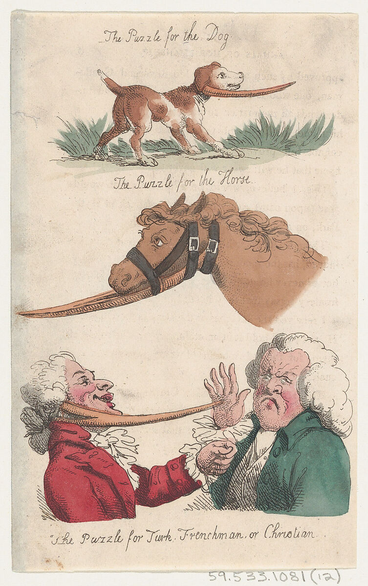 The Puzzle for the Dog; The Puzzle for the Horse; The Puzzle for Turk, Frenchman, or Christian, Thomas Rowlandson (British, London 1757–1827 London), Hand-colored etching 