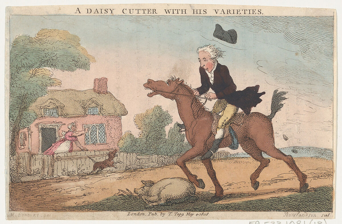 A Daisy Cutter with His Varieties, Thomas Rowlandson (British, London 1757–1827 London), Hand-colored etching 