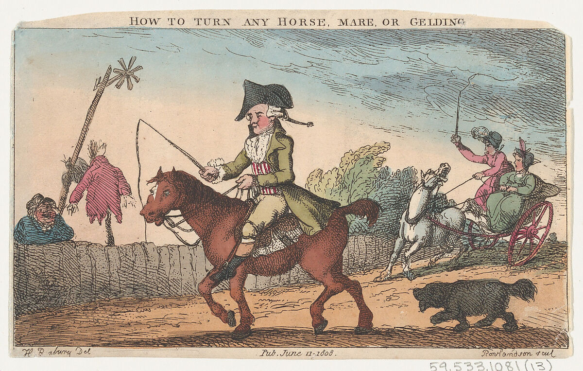 How to Turn Any Horse, Mare, or Gelding, Thomas Rowlandson (British, London 1757–1827 London), Hand-colored etching 