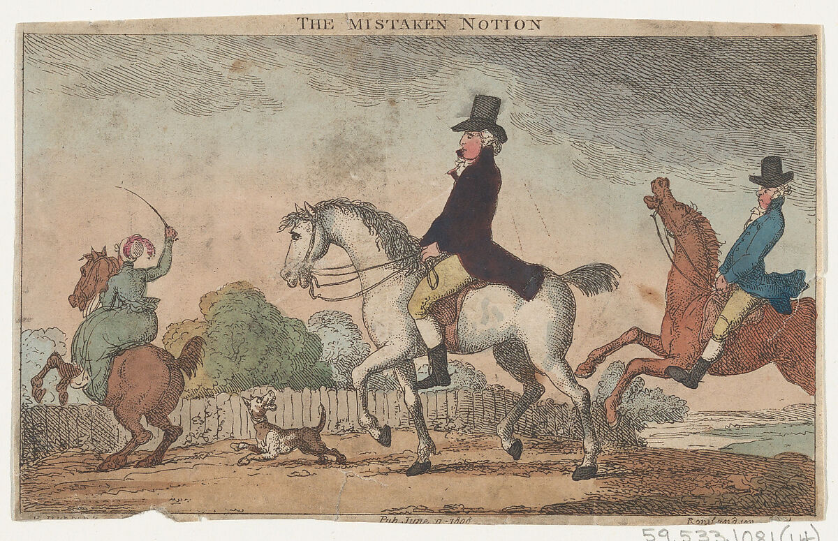 The Mistaken Notion, Thomas Rowlandson (British, London 1757–1827 London), Hand-colored etching 