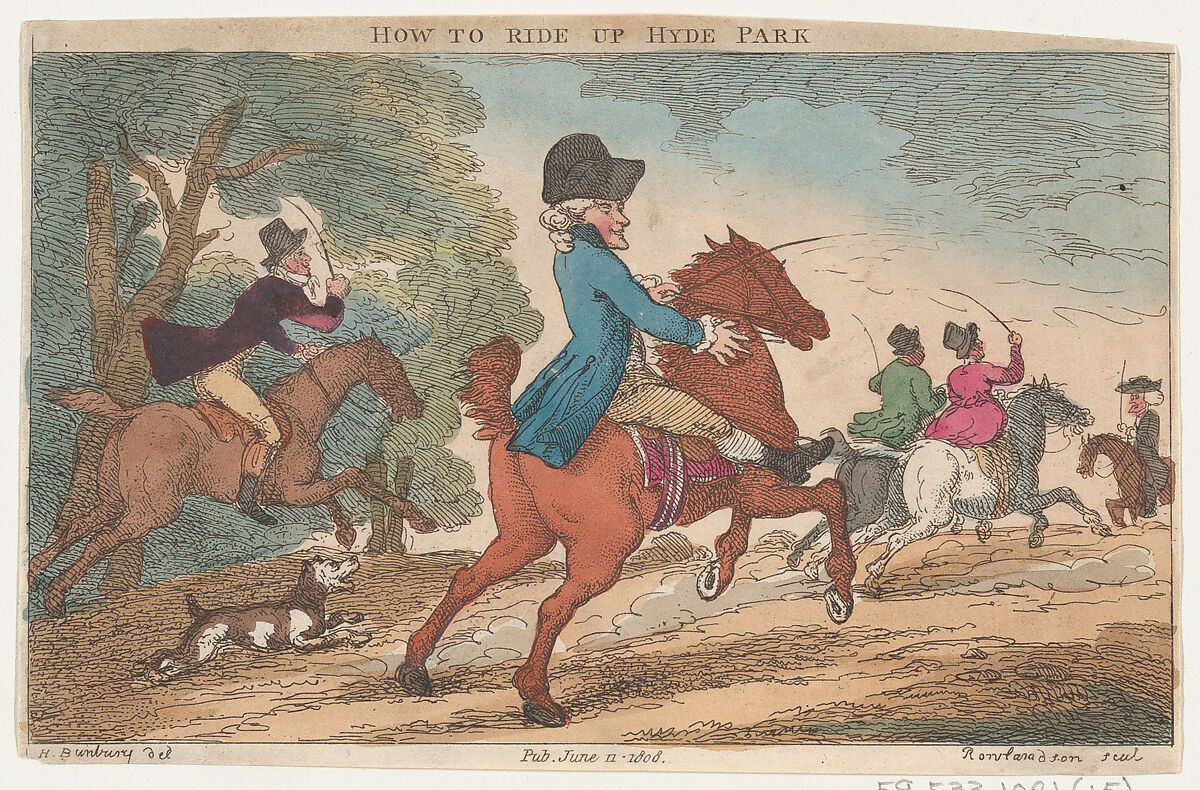 How to Ride Up Hyde Park, Thomas Rowlandson (British, London 1757–1827 London), Hand-colored etching 