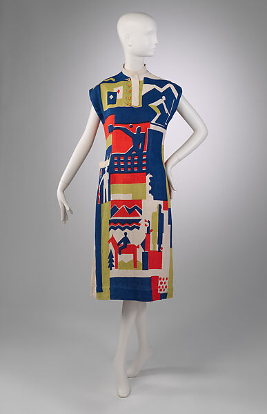 Dress, Textile designed by Ruth Reeves (American, Redlands, California 1892–1966 New Delhi, India), linen, plastic (Bakelite), American 