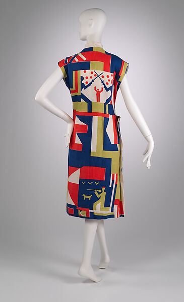 Dress, Textile designed by Ruth Reeves (American, Redlands, California 1892–1966 New Delhi, India), linen, plastic (Bakelite), American
