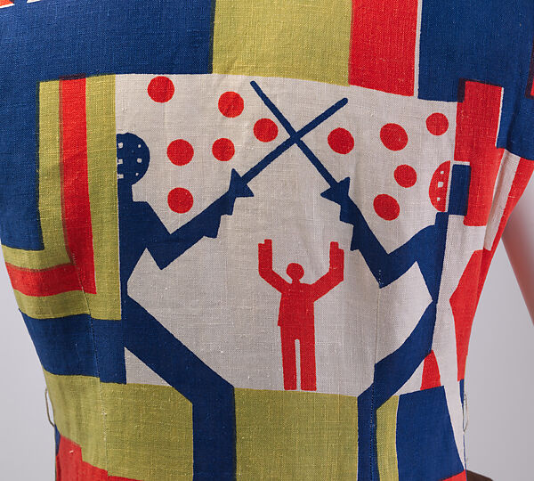 Dress, Textile designed by Ruth Reeves (American, Redlands, California 1892–1966 New Delhi, India), linen, plastic (Bakelite), American