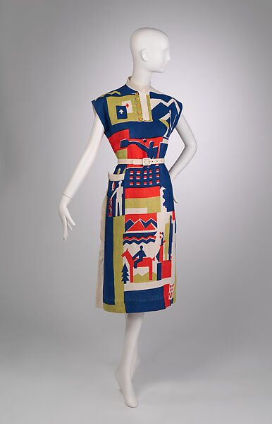 Dress, Textile designed by Ruth Reeves (American, Redlands, California 1892–1966 New Delhi, India), linen, plastic (Bakelite), American