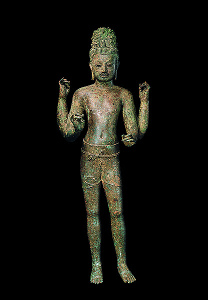Bodhisattva Maitreya, Copper alloy inlaid with silver and black stone, Northeastern Thailand 