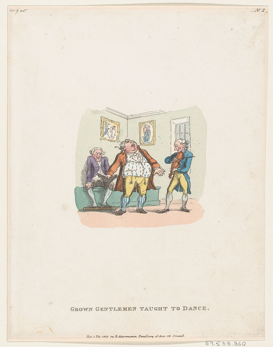 Grown Gentlemen Taught to Dance, After (?) Henry William Bunbury (British, Mildenhall, Suffolk 1750–1811 Keswick, Cumberland), Hand-colored etching 