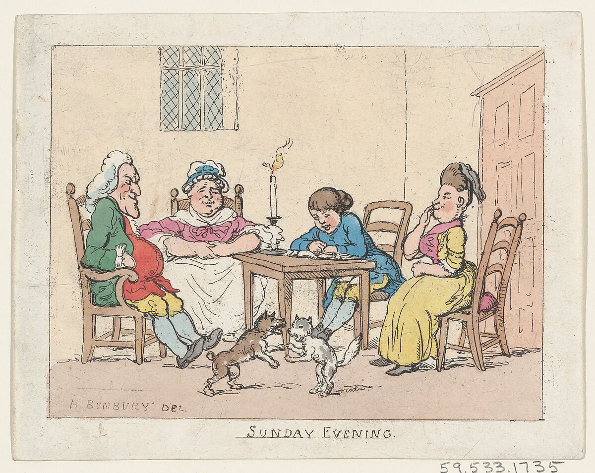 Sunday Evening, Thomas Rowlandson (British, London 1757–1827 London), Hand-colored etching 