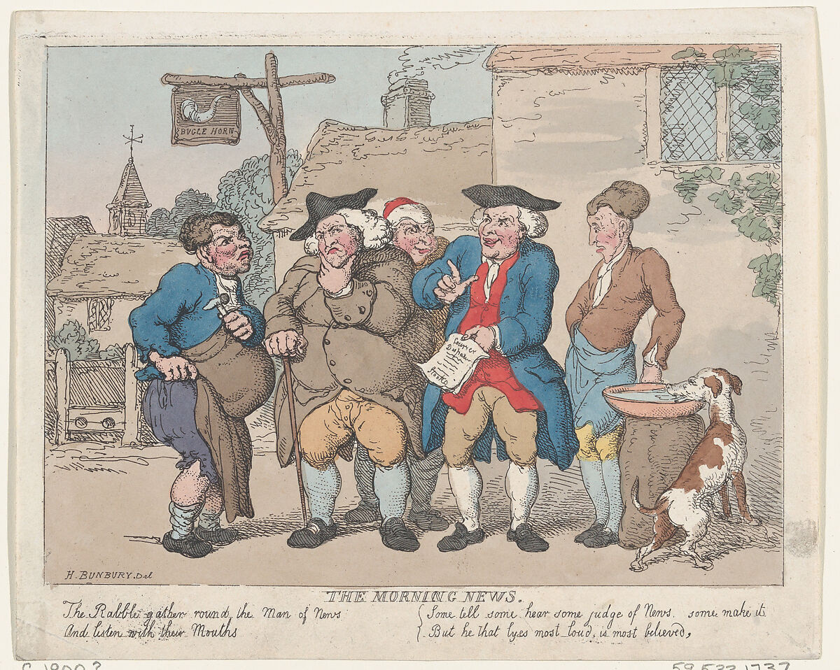The Morning News, Thomas Rowlandson (British, London 1757–1827 London), Hand-colored etching with stipple 
