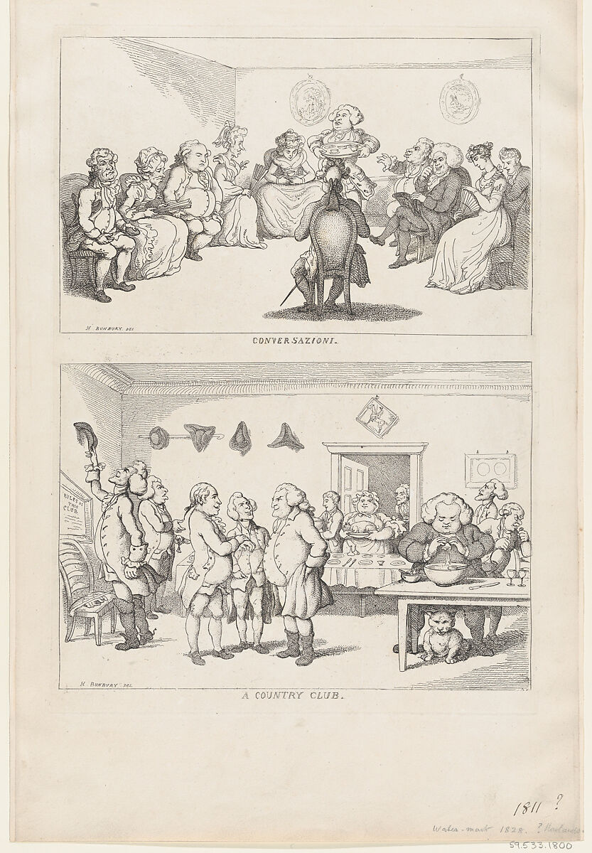 Conversazione, and A Country Club, Thomas Rowlandson (British, London 1757–1827 London), Etching 