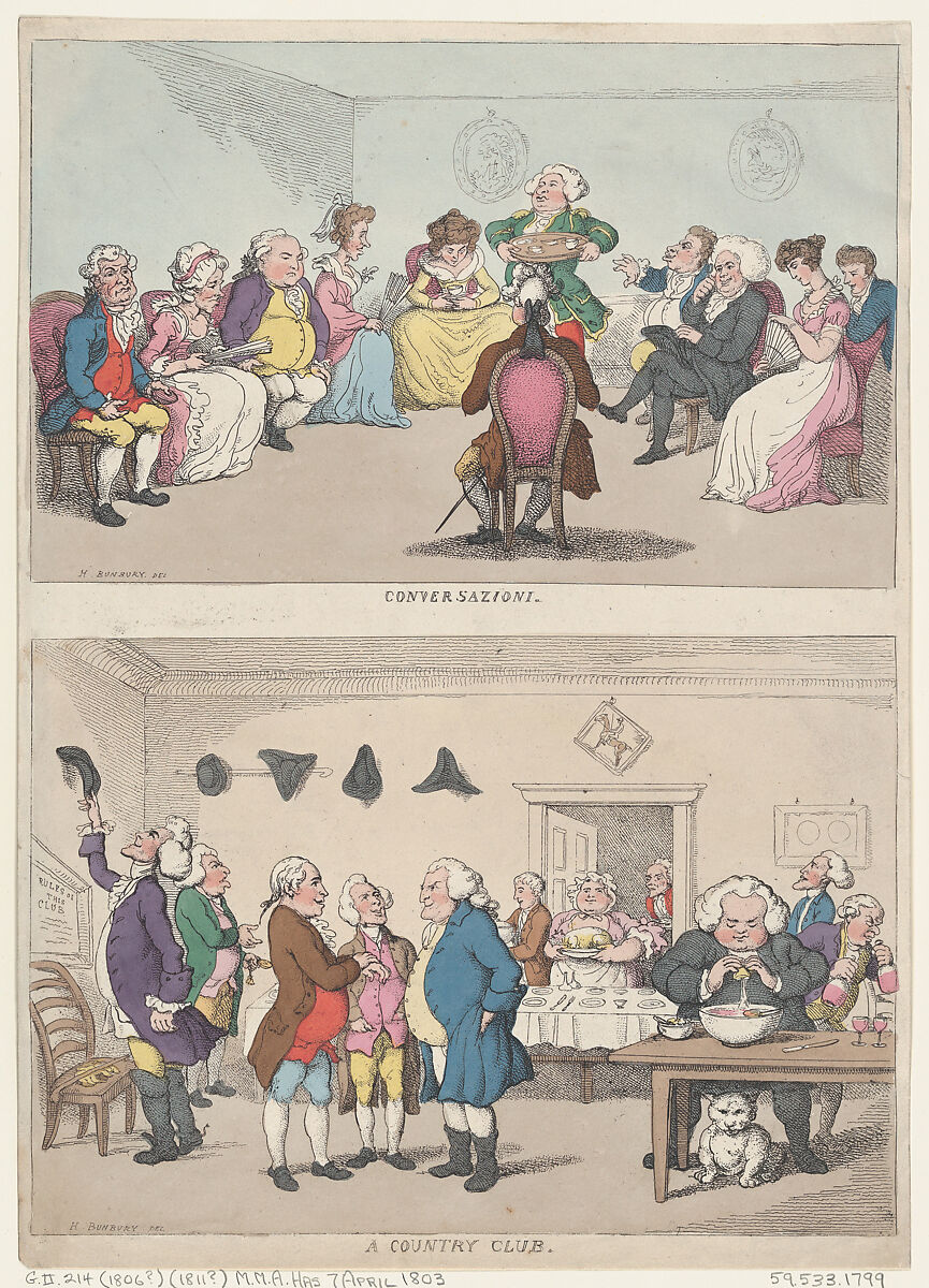 Conversazione, and A Country Club, Thomas Rowlandson (British, London 1757–1827 London), Hand-colored etching 
