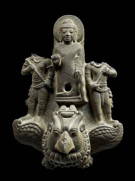 Buddha Preaching on Winged Grotesque with Attendants, Sandstone, Central Thailand 
