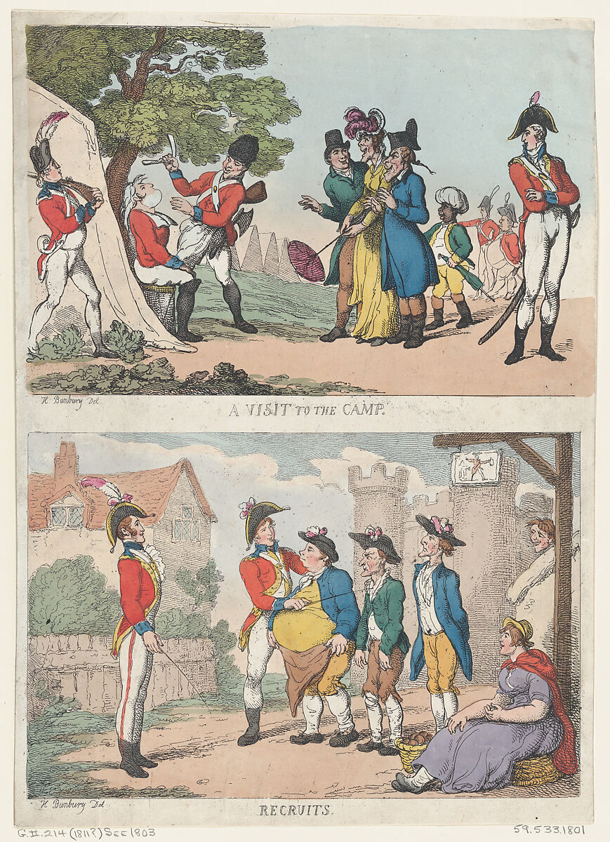 A Visit to the Camp, and Recruits, Thomas Rowlandson (British, London 1757–1827 London), Hand-colored etching 