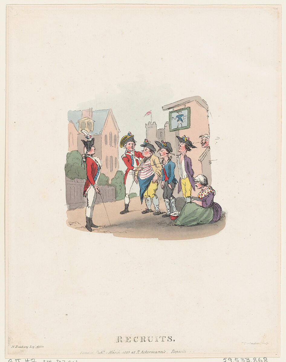 Recruits, Thomas Rowlandson (British, London 1757–1827 London), Hand-colored etching 