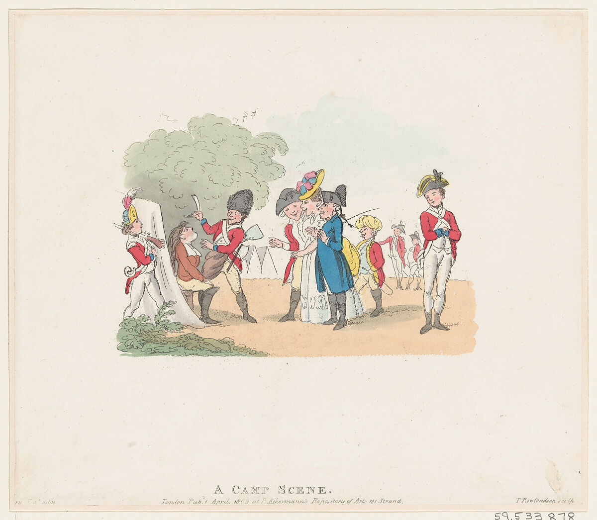 A Camp Scene, Thomas Rowlandson (British, London 1757–1827 London), Hand-colored etching 