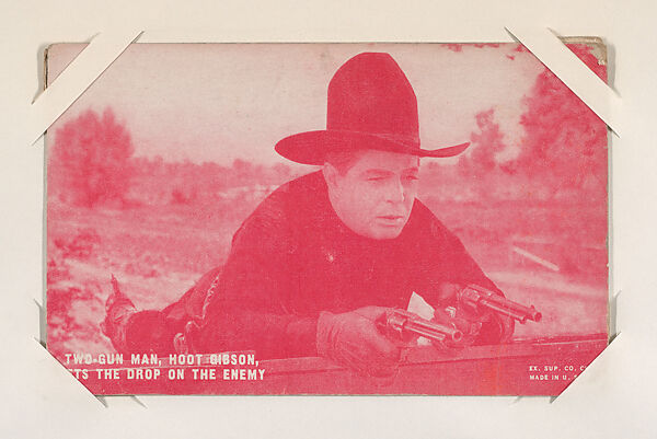 Two-Gun Man, Hoot Gibson, Gets the Drop on the Enemy from Western Stars or Scenes Exhibit Cards series (W412), Exhibit Supply Company, Commercial color photolithograph 
