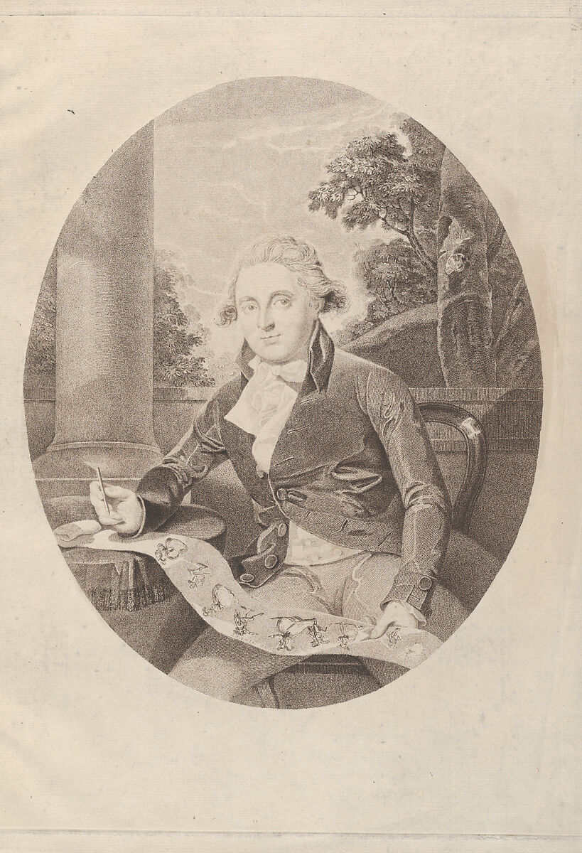 Henry William Bunbury Drawing his "Long Minuet", Thomas Ryder I (British, 1746–1810), Stipple engraving and etching; working proof 