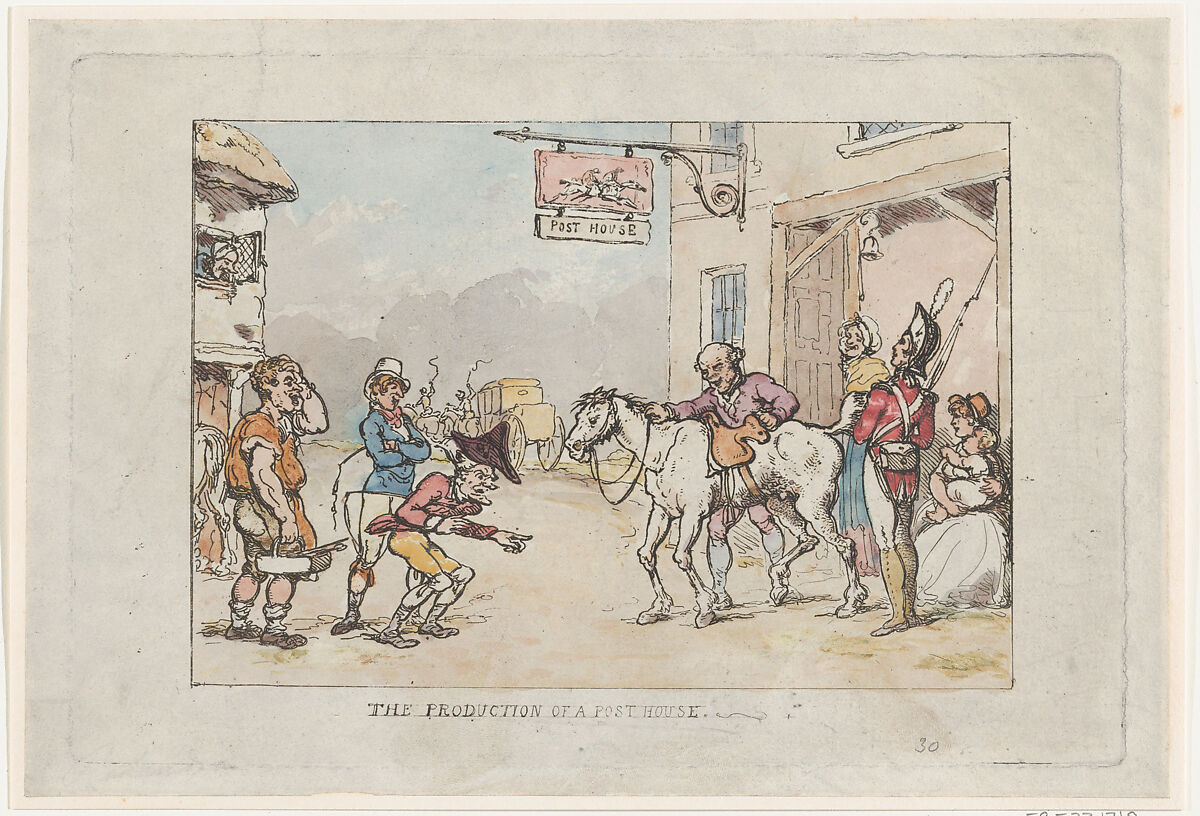 The Production of a Post House, Thomas Rowlandson (British, London 1757–1827 London), Hand-colored etching 