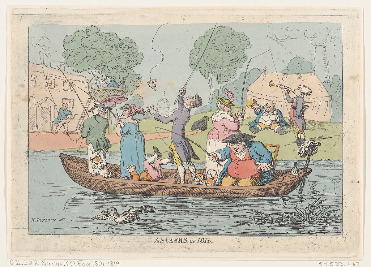 Anglers of 1811, Thomas Rowlandson (British, London 1757–1827 London), Hand-colored etching 