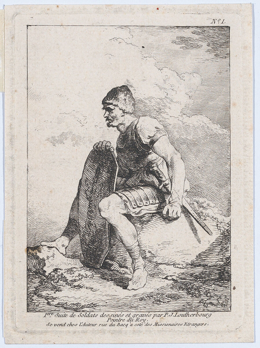 Seated Soldier Holding a Shield, Philippe Jacques de Loutherbourg (French, Strasbourg 1740–1812 London), Etching 