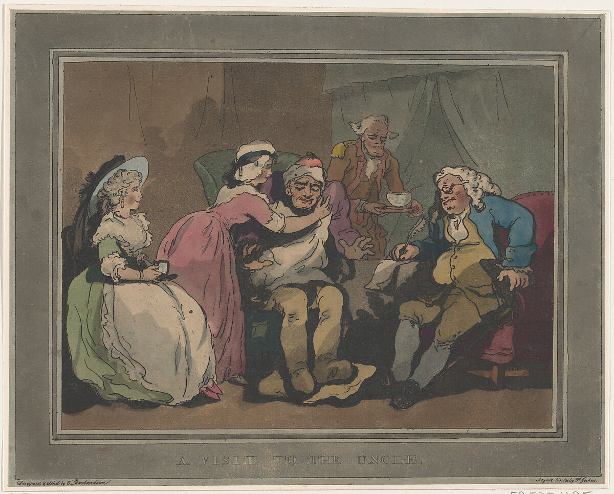 A Visit to the Uncle, Thomas Rowlandson (British, London 1757–1827 London), Hand-colored etching and aquatint 