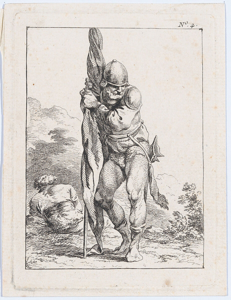 Standing Soldier Holding a Rolled Flag, Philippe Jacques de Loutherbourg (French, Strasbourg 1740–1812 London), Etching 