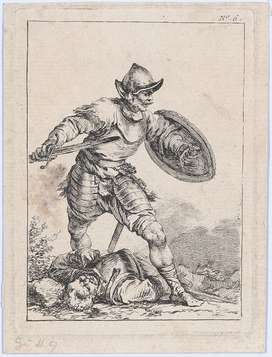 Soldier with Sword and Shield, Stepping over a Body, Philippe Jacques de Loutherbourg (French, Strasbourg 1740–1812 London), Etching 