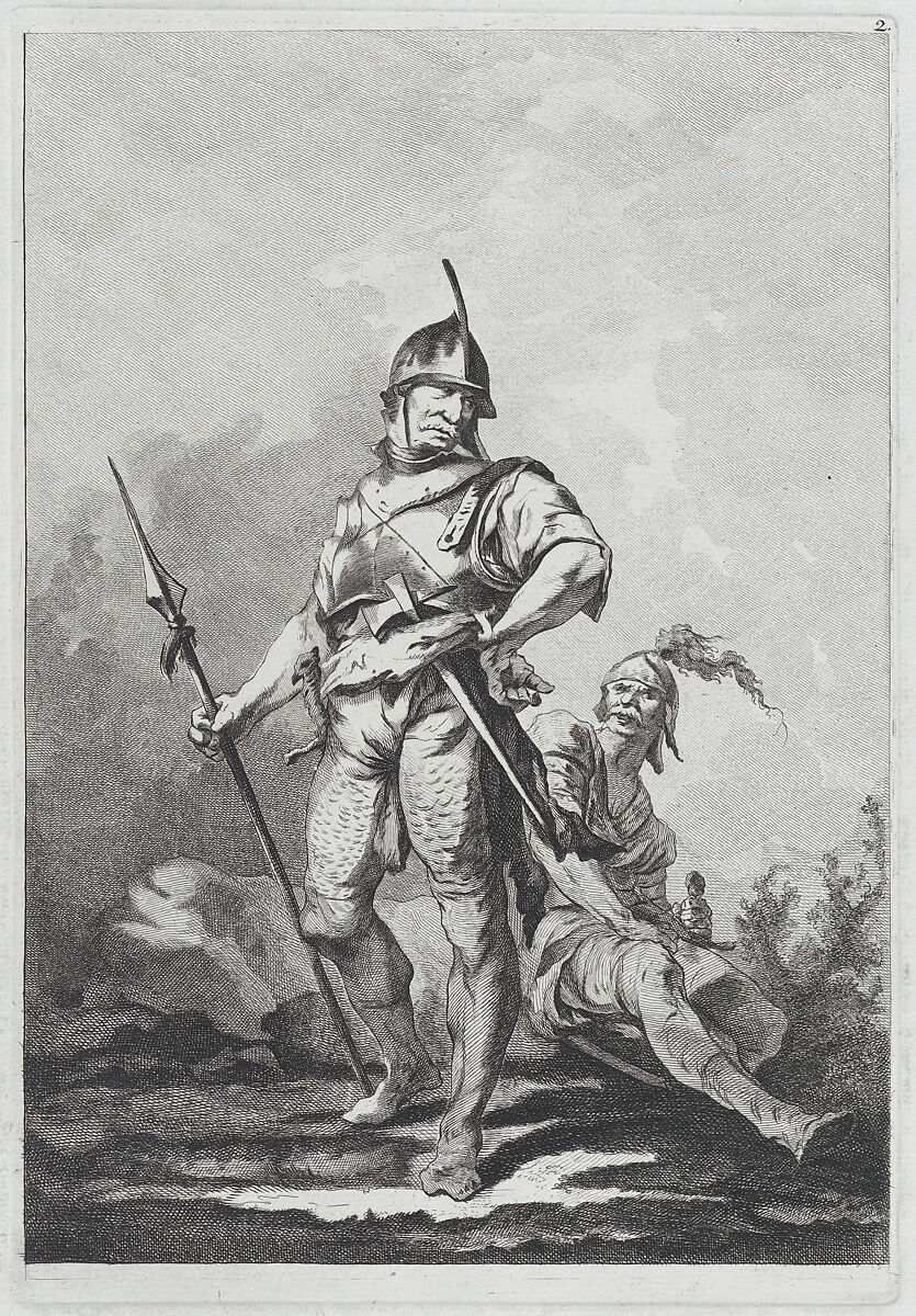 Two Soldiers, One Standing Holding a Lance, One Seated, Matthias Pfenninger (Swiss, Zurich 1739–1813 Zurich), Etching 