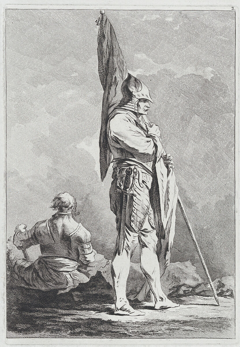 Two Soldiers, One Standing Holding a Flag, One Seated Seen from Behind, Matthias Pfenninger (Swiss, Zurich 1739–1813 Zurich), Etching 