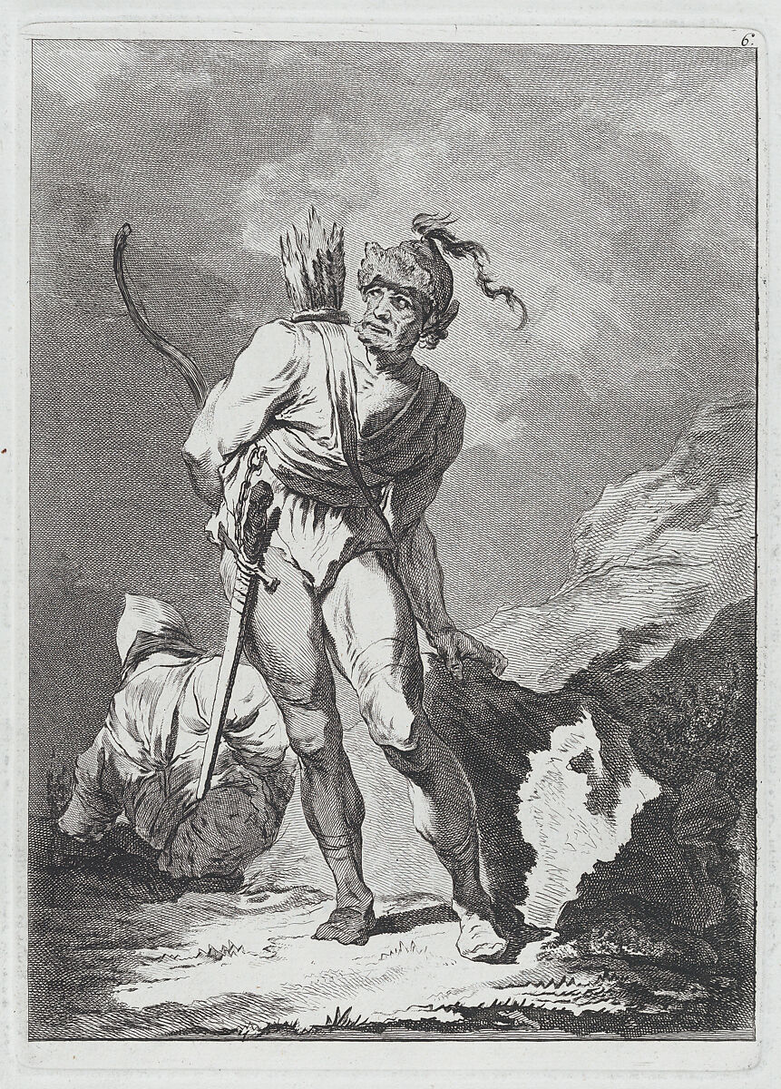 Two Soldiers, One Standing with Sword, Bow and Arrows, One Seated Seen from Behind, Matthias Pfenninger (Swiss, Zurich 1739–1813 Zurich), Etching 