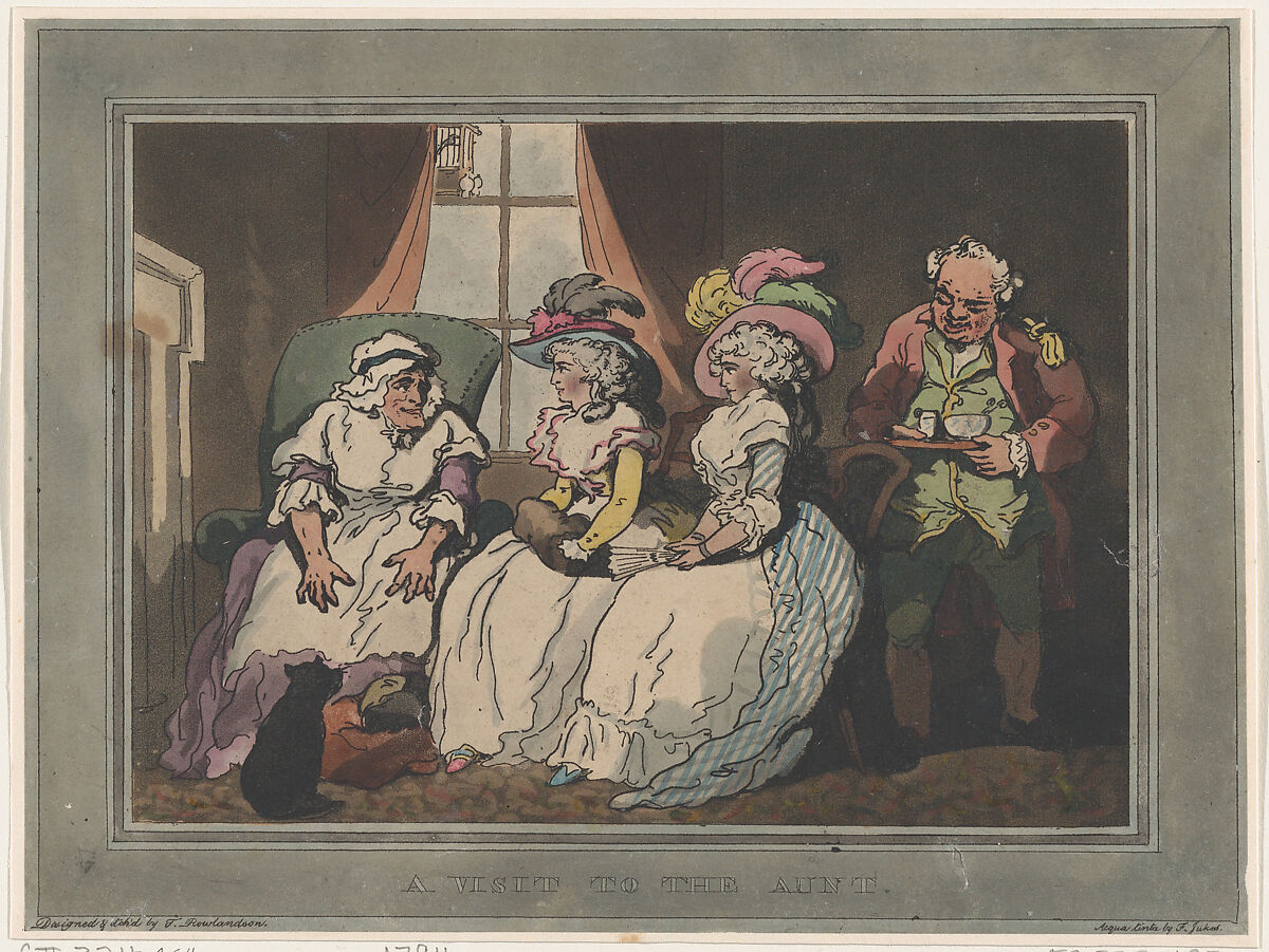 A Visit to the Aunt, Thomas Rowlandson (British, London 1757–1827 London), Hand-colored etching and aquatint 