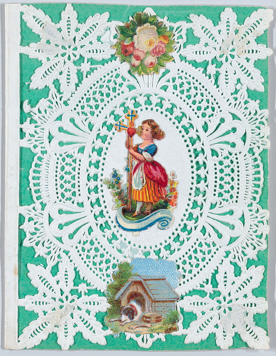 Valentine, Esther Howland (American, Worcester, Massachusetts 1828–1904 Quincy, Massachusetts), Cameo-embossed lace paper, chromolithographed die cut scraps, green glossy paper, blue ink, red ink 