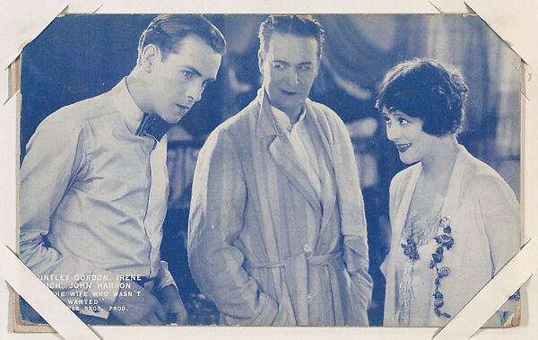 Huntley Gordon, Irene Rich, John Harron in "The Wife Who Wasn't Wanted" from Scenes from Movies Exhibit Cards series (W404), Commercial color photolithograph 