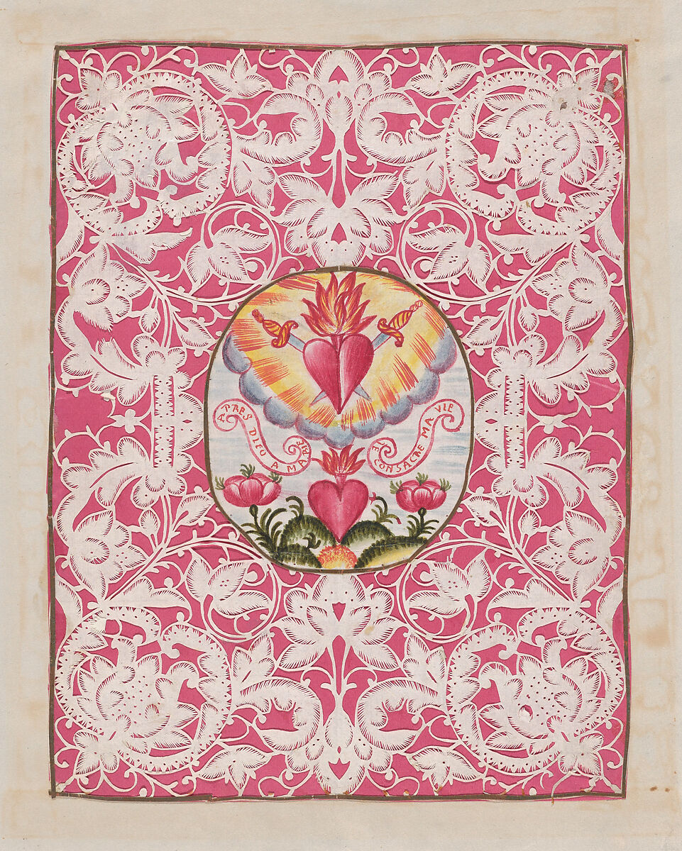 Canivet or Devotional with Sacred Heart, Anonymous, Flemish, 18th century, Vellum, rose-colored paper, watercolor 