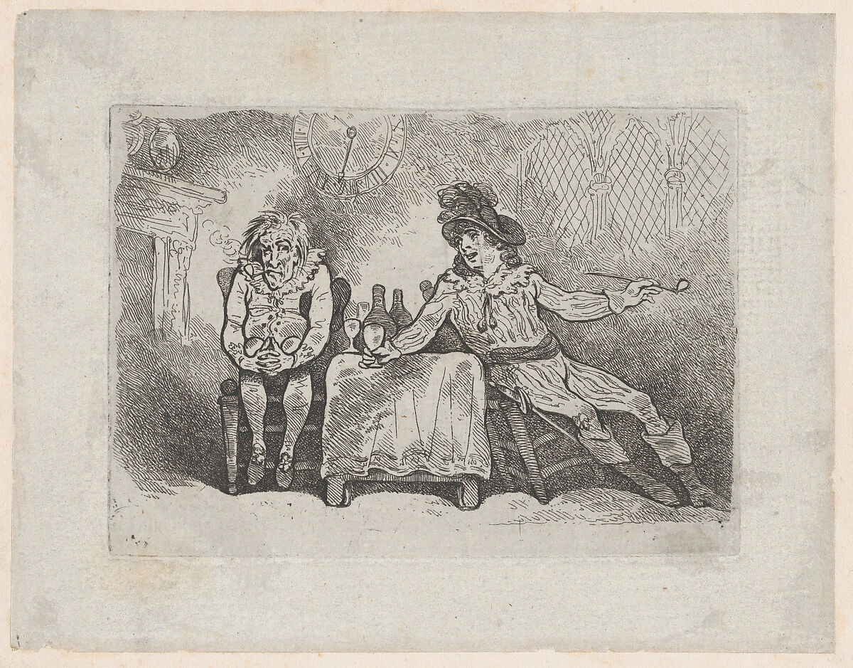 Two Men Smoking and Drinking (Charles and Jack Bannister in Henry IV, Part I), Thomas Rowlandson (British, London 1757–1827 London), Etching 