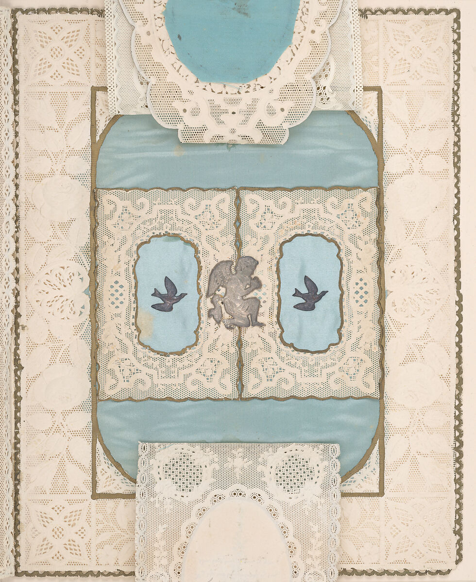 Valentine with lace paper and faux pearls, Attributed to Esther Howland (American, Worcester, Massachusetts 1828–1904 Quincy, Massachusetts), Cameo-embossed lace paper, chromolithographed die-cuts, faux pearls, blue satin, white satin ribbon, gold paper stars, graphite, ink, watercolor