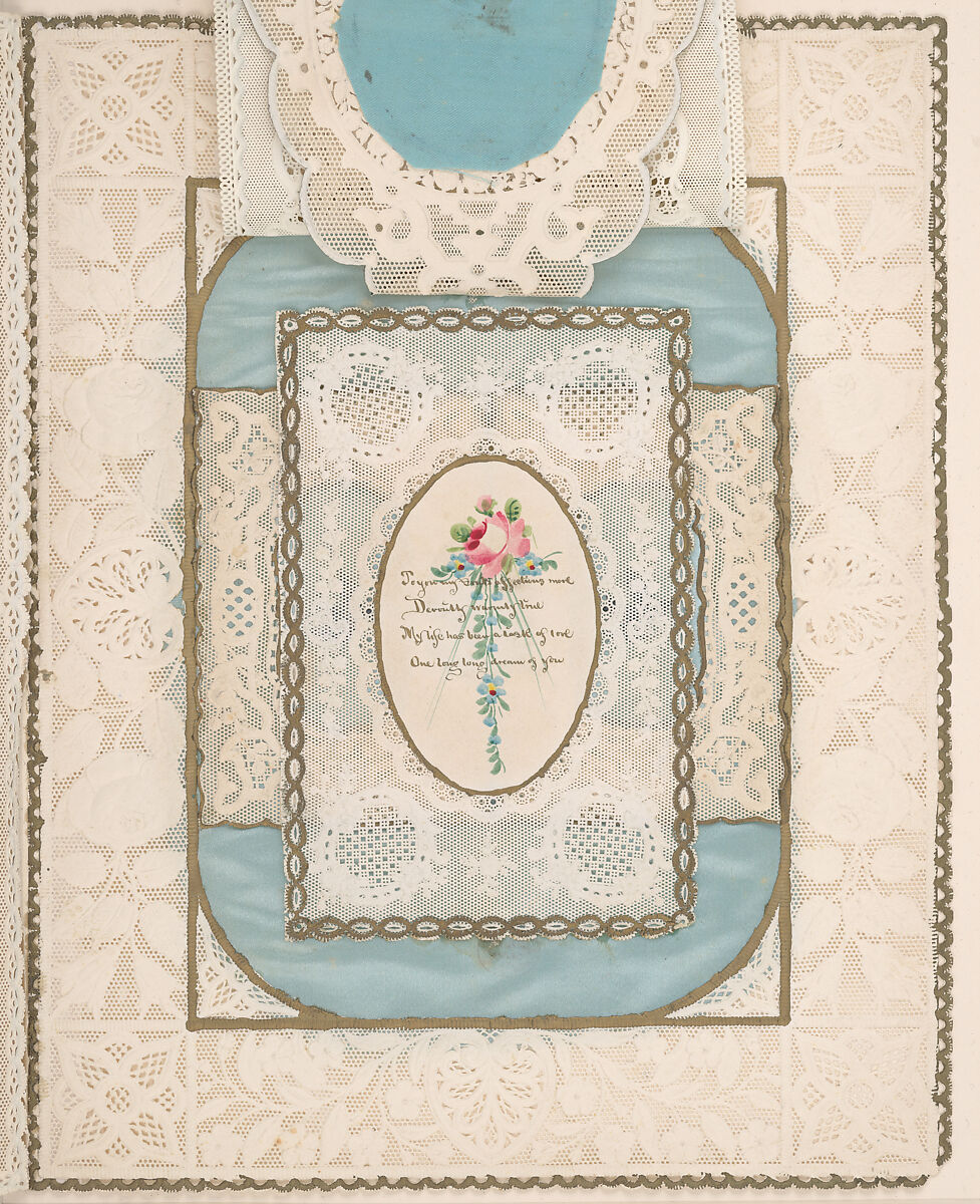 Valentine with lace paper and faux pearls, Attributed to Esther Howland (American, Worcester, Massachusetts 1828–1904 Quincy, Massachusetts), Cameo-embossed lace paper, chromolithographed die-cuts, faux pearls, blue satin, white satin ribbon, gold paper stars, graphite, ink, watercolor