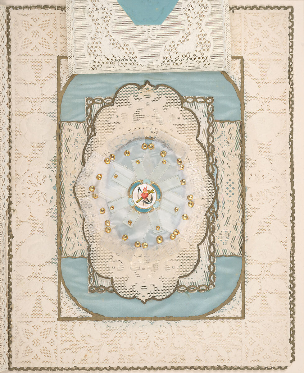 Valentine with lace paper and faux pearls, Attributed to Esther Howland (American, Worcester, Massachusetts 1828–1904 Quincy, Massachusetts), Cameo-embossed lace paper, chromolithographed die-cuts, faux pearls, blue satin, white satin ribbon, gold paper stars, graphite, ink, watercolor
