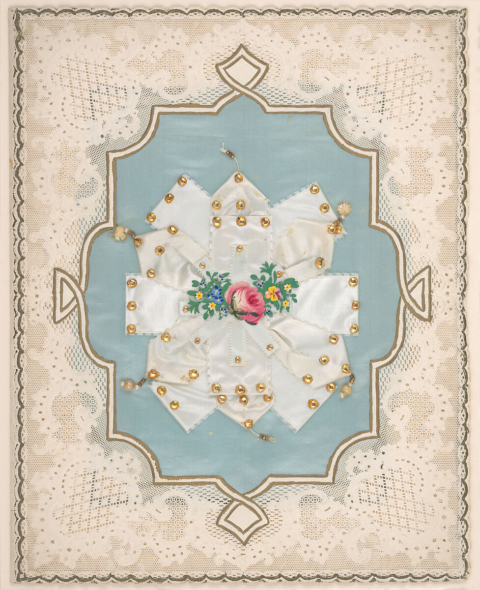 Valentine with lace paper and faux pearls, Attributed to Esther Howland (American, Worcester, Massachusetts 1828–1904 Quincy, Massachusetts), Cameo-embossed lace paper, chromolithographed die-cuts, faux pearls, blue satin, white satin ribbon, gold paper stars, graphite, ink, watercolor 