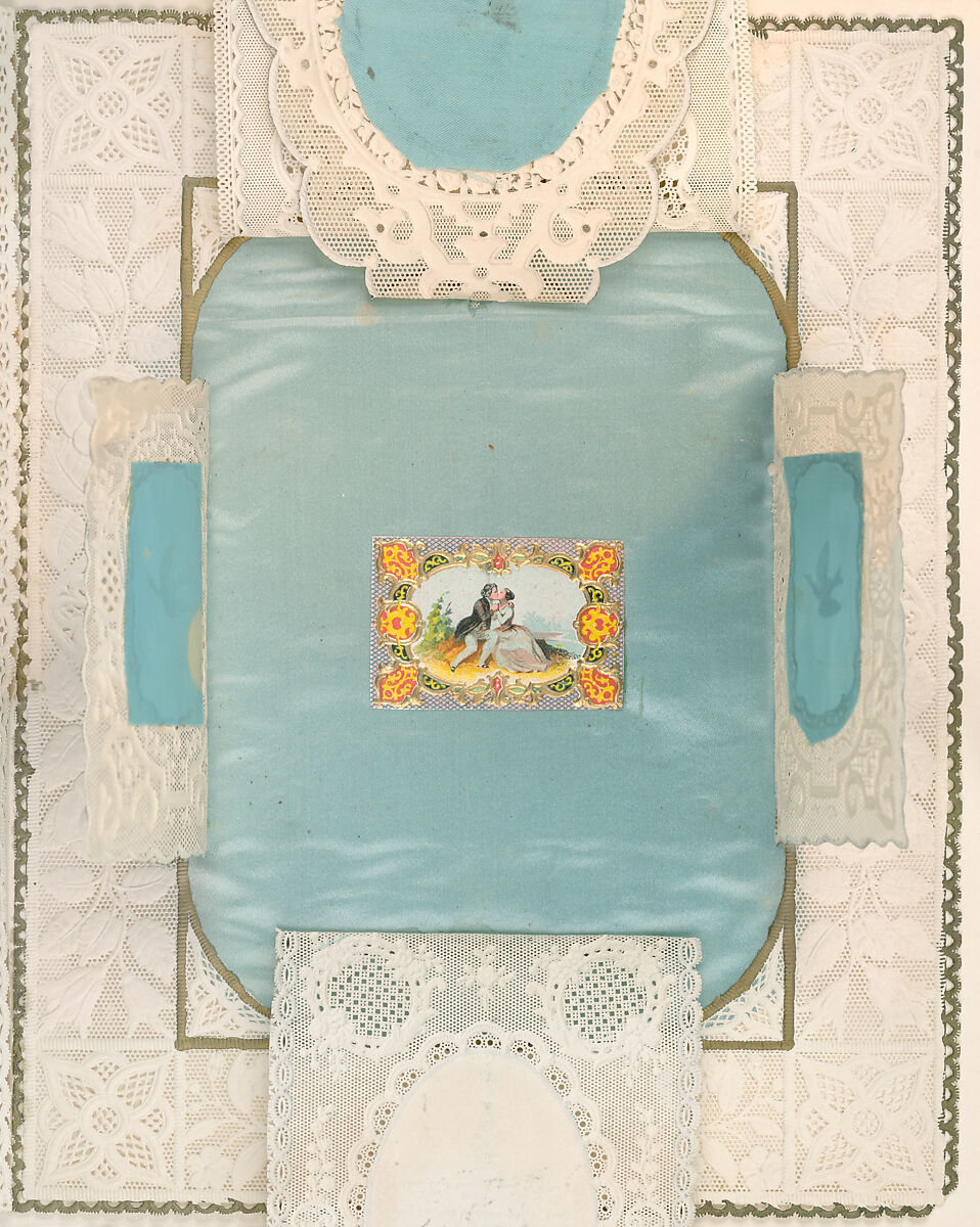 Valentine with lace paper and faux pearls, Attributed to Esther Howland (American, Worcester, Massachusetts 1828–1904 Quincy, Massachusetts), Cameo-embossed lace paper, chromolithographed die-cuts, faux pearls, blue satin, white satin ribbon, gold paper stars, graphite, ink, watercolor
