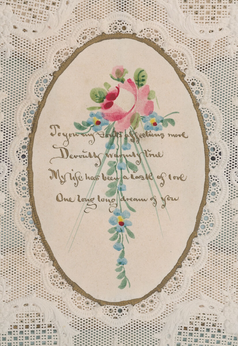 Valentine with lace paper and faux pearls, Attributed to Esther Howland (American, Worcester, Massachusetts 1828–1904 Quincy, Massachusetts), Cameo-embossed lace paper, chromolithographed die-cuts, faux pearls, blue satin, white satin ribbon, gold paper stars, graphite, ink, watercolor