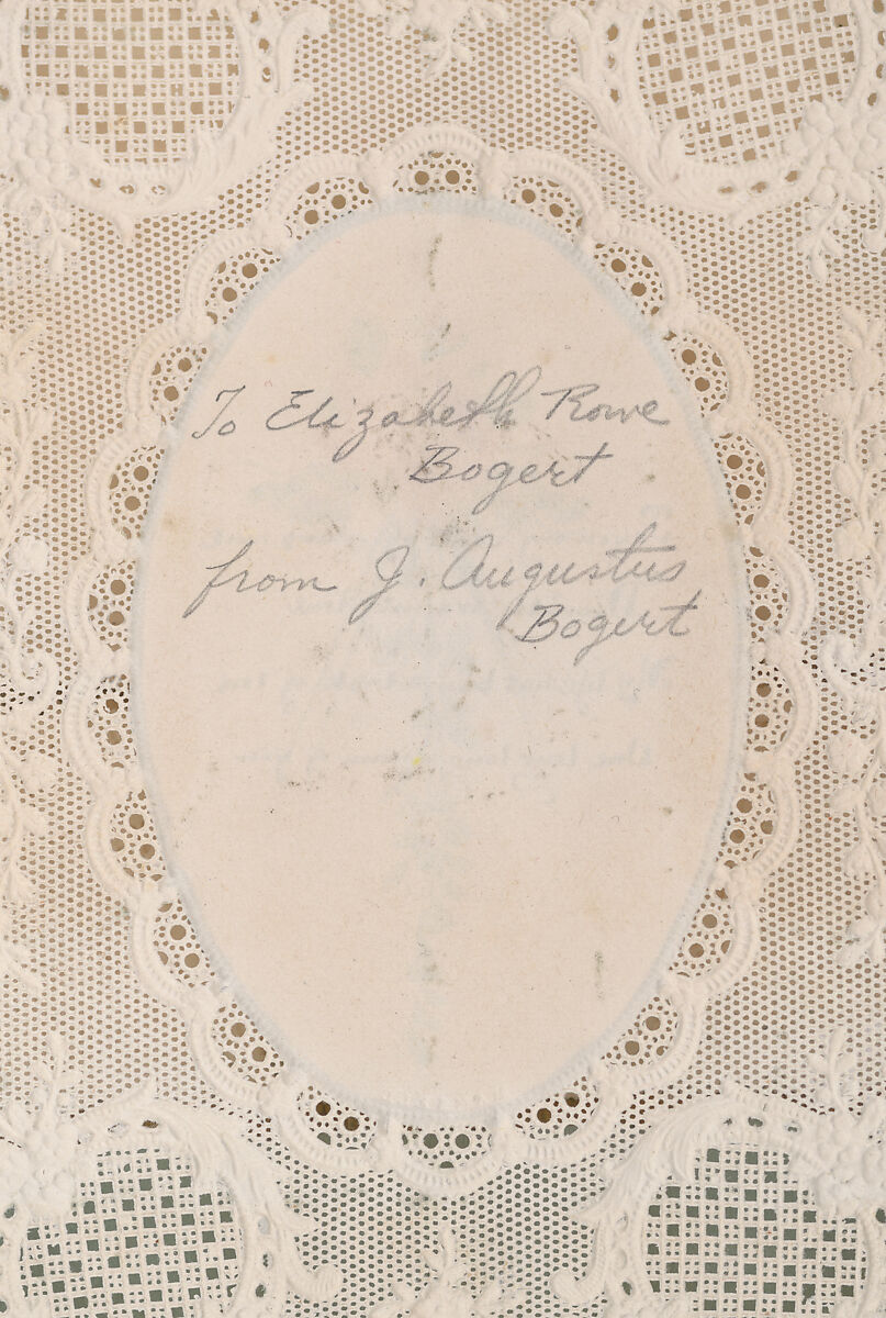 Valentine with lace paper and faux pearls, Attributed to Esther Howland (American, Worcester, Massachusetts 1828–1904 Quincy, Massachusetts), Cameo-embossed lace paper, chromolithographed die-cuts, faux pearls, blue satin, white satin ribbon, gold paper stars, graphite, ink, watercolor