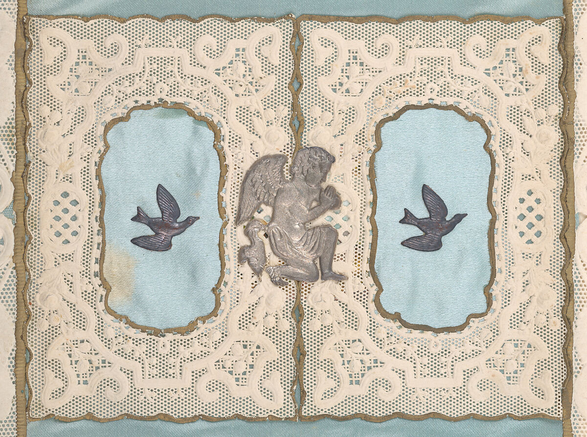 Valentine with lace paper and faux pearls, Attributed to Esther Howland (American, Worcester, Massachusetts 1828–1904 Quincy, Massachusetts), Cameo-embossed lace paper, chromolithographed die-cuts, faux pearls, blue satin, white satin ribbon, gold paper stars, graphite, ink, watercolor