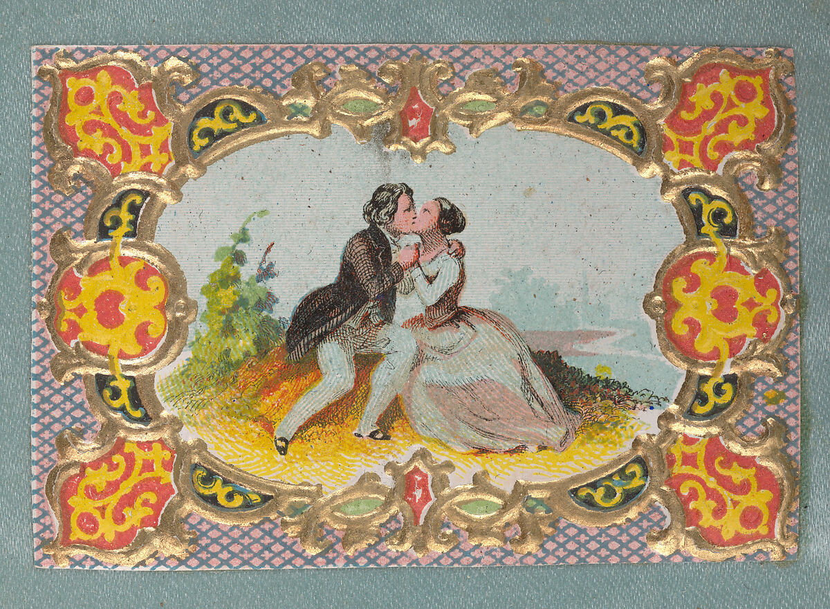 Valentine with lace paper and faux pearls, Attributed to Esther Howland (American, Worcester, Massachusetts 1828–1904 Quincy, Massachusetts), Cameo-embossed lace paper, chromolithographed die-cuts, faux pearls, blue satin, white satin ribbon, gold paper stars, graphite, ink, watercolor