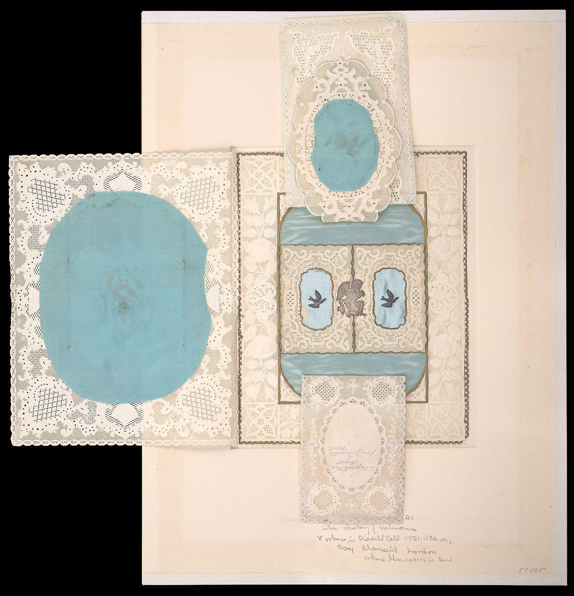 Valentine with lace paper and faux pearls, Attributed to Esther Howland (American, Worcester, Massachusetts 1828–1904 Quincy, Massachusetts), Cameo-embossed lace paper, chromolithographed die-cuts, faux pearls, blue satin, white satin ribbon, gold paper stars, graphite, ink, watercolor