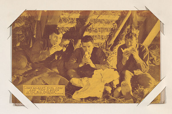 John Gilbert, Karl Dane and Tom O.Brien in "the Big Parade" from Scenes from Movies Exhibit Cards series (W404), Commercial color photolithograph 